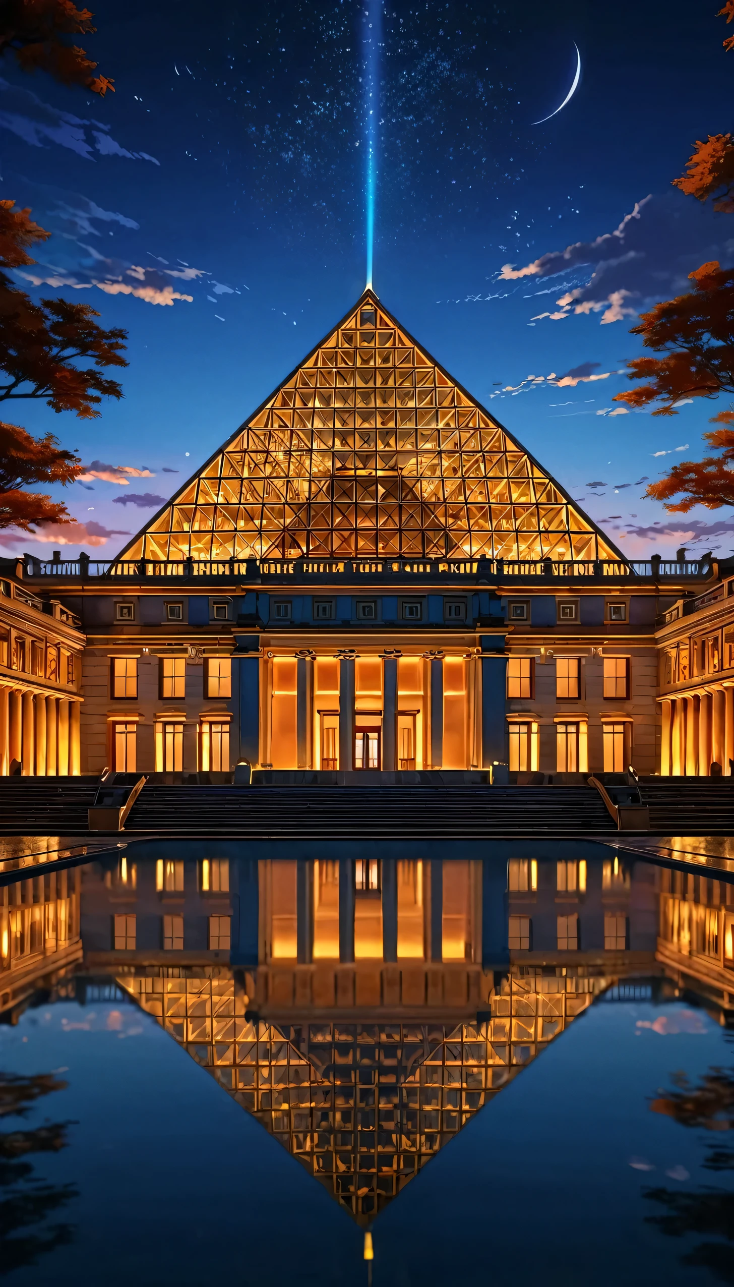 A stunning nighttime scene of a glass pyramid illuminated with golden light, situated in front of a grand historic building with intricate architectural details. The pyramid, reflecting perfectly on the calm water surrounding it, creates a mesmerizing symmetrical effect. The historic building behind the pyramid features elaborate stone carvings, arched windows, and majestic columns, all bathed in warm artificial lighting. The sky is a deep, soft orange, adding to the atmospheric and enchanting mood of the scene. The overall image captures the blend of modern and classical architecture, showcasing their beauty and harmony in a serene, illuminated setting.anime nature wallpaper, beautiful anime scenes, beautiful anime peace scenes, Makoto Shinkai Cyril Roland, beautiful anime scenes, amazing wallpaper, anime art wallpaper 8k, anime background, art anime backgrounds, anime 4k wallpaper, anime art 4k wallpaper, anime art 4k wallpaper