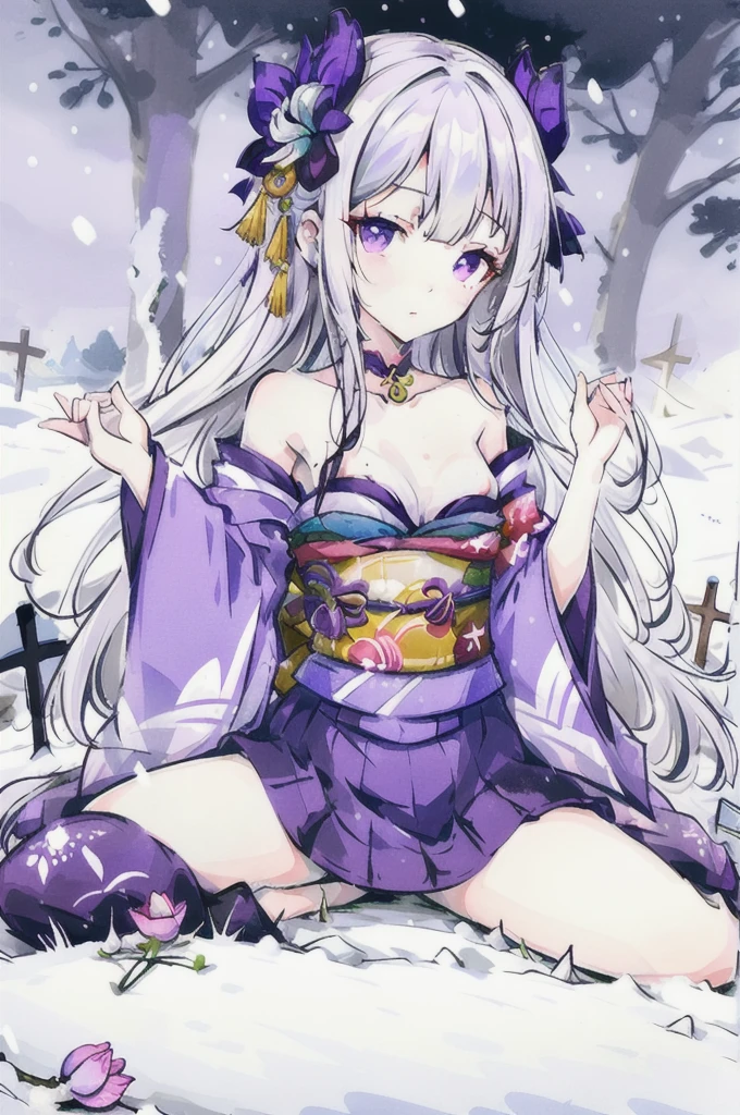 Highest quality, masterpiece,White Hair, Purple Eyes, Purple kimono, Exposing shoulders, ,Fair skin, Long Hair, Long Bangs,  Small breasts, Confused eyes, snow, sexy, Cemetery, Cross Grave, jitome, seductive smile, Leg lift, stretching, half closed eyes, Off Shoulder, ass pov, from below