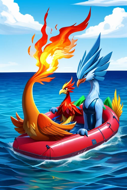 I imagine Articuno (Ice Bird Pokémon her blue bikini) and Moltres (Fire Bird Pokémon in his red swim trunks) were on an inflatable boat in their swimsuits. Moltres was all chill on Articuno's rubber boat and Articuno says that her boat won't hold both of their weights and Moltres wines that that he can be an awesome fire bird Pokémon that can withstand anything. And when Molter says that he can control his fire, the boat sprung a leak. Articuno sees their inflatable boat is sinking and Moltres says: "Well, it least it's not on fire."
