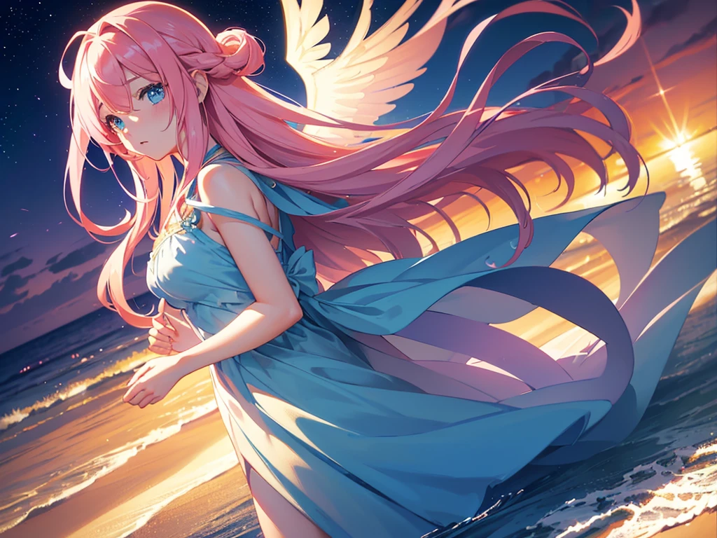 anime, Style, 1 pink long haired girl in a blue dress, long angel wings, floating on air, , on the beach in the night(best quality, 4k, 8k, high resolution, obra-prima: 1.2), ultra-detailed, (realista, fotorealista, foto-realista: 1.37) colorido com vibrantes cores, soft lighting