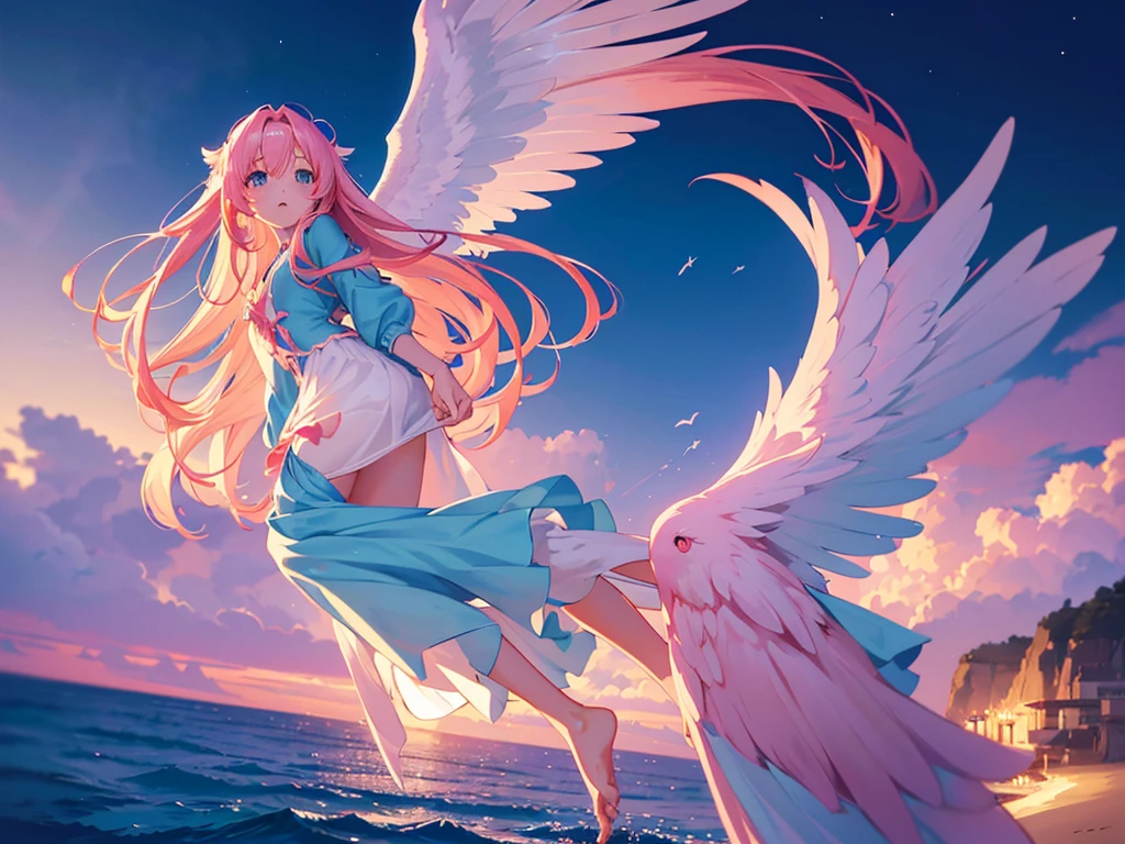 anime, Style, 1 pink long haired girl in a blue dress,  long angel wings, floating on air, , on the beach in the night(best quality, 4k, 8k, high resolution, obra-prima: 1.2), ultra-detailed, (realista, fotorealista, foto-realista: 1.37) colorido com vibrantes cores, soft lighting