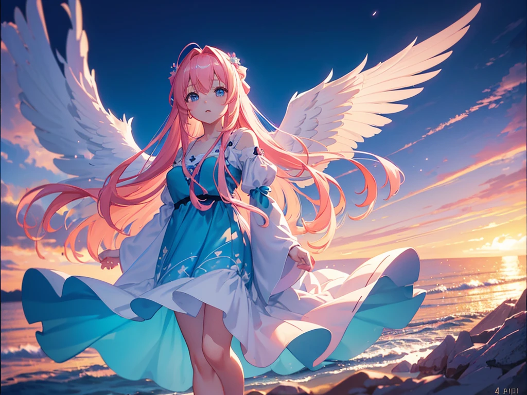 anime, Style, 1 pink long haired girl in a blue dress, long angel wings, floating on air, , on the beach in the night(best quality, 4k, 8k, high resolution, obra-prima: 1.2), ultra-detailed, (realista, fotorealista, foto-realista: 1.37) colorido com vibrantes cores, soft lighting