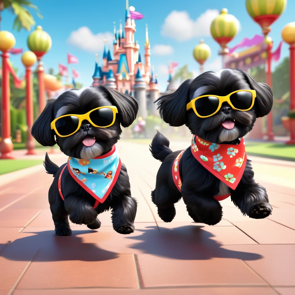 2 Adorable small black Shih Tzu puppies wearing bright bandannas and sunglasses running zoomies Disney background 3d cartoon 3d render disney pixar style