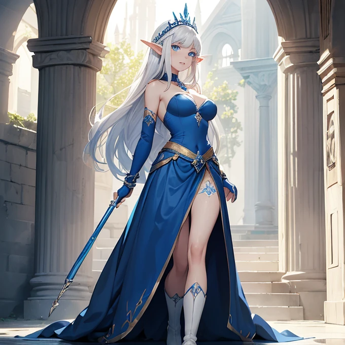 (absurdres, best high quality image, carefuly detailed features and textures, very detailed image, solo character alone, full character view): {{(1character: half-elf princess ice girl), (pale skin, pure white medium straight hair, blue eyes with white pupils, short pointy ears, light blue lips, white eyebrows, big breasts, nice body), (1,52 body height, pale blue strapless dress with a white trim in the belly, blue royal head band, silver necklace, white long sleeved gloves, blue long boots with pointy heels), (short crystal wand), (innocent fase, shy smile, shy standing pose, shy demeanor, holding her wand with left hand), (greek style elvish city, sunny day morning)}}