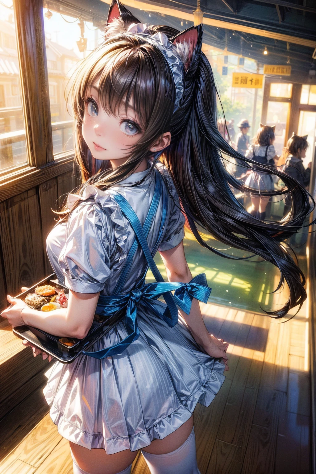 One Girl、(20-year-old woman)、Cat ears headband、Cat tail、Maid、Holding a tray with two parfaits on it in one hand、With the other hand, lift your skirt to show your underwear、Short skirt、White knee-high socks、Striped pants、Highest quality、8K、Beautiful Face、Mischievous smile、Wink、View Viewer、Bright cafe