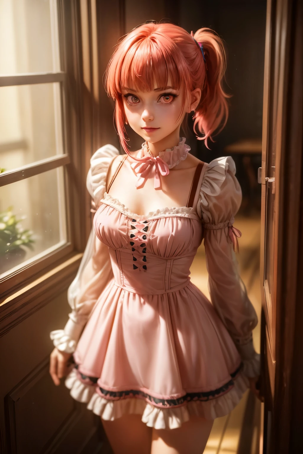 {{{{masterpiece}}}},{{{emaiti}}}, {{{Super detailed}}}, {{{high resolution}}}, {{good anatomy}}, (((best quality))),(((neon pink eyes))),{{Extremely detailed and refined}}, {4k CG wallpaper}, {{illustration}}, ((red hair)),((looking out a window,in school)),(((face portrait,detailed face,big big eyeballs,standing,bust,standing))),(((sideponytail:1.2|short hair|ponytail|Detailed hair|blunt bangs|shiny hair))),(((Gothic blonde outfit,dress frills,neck collar))),{{{happy,smile with teeth}}},(lesbian,1 woman:1),(small breasts),masterlighting,((The details are complex、Shallow depth of field、movie lighting、Reflectors、a Canon EOS R5、50mm lens、f / 2.8、shot at 8k resolution)),yandere girl,lesbian,Three View, Best anime 4k,short detailed hair,gary gradient background, Expressionless, Delicate