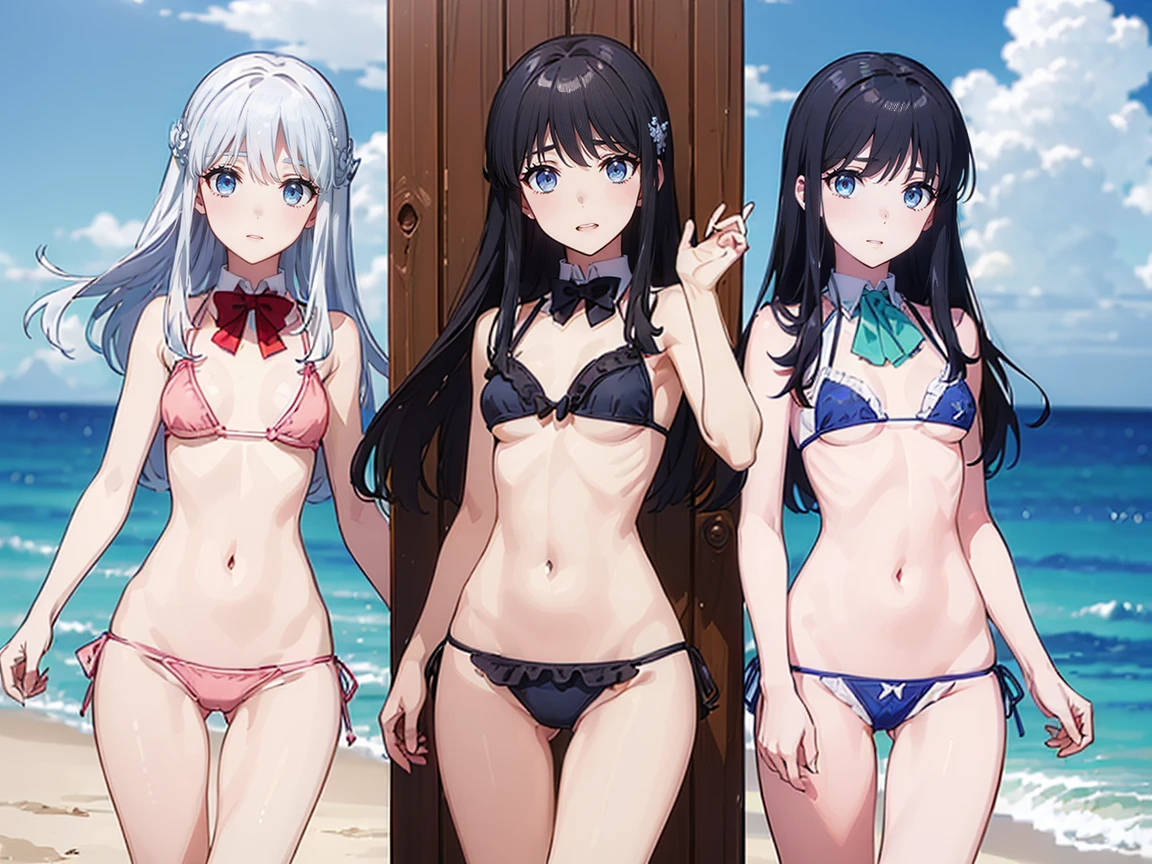 (((High resolution:1.5))), (((Very detailedな:1.5))), (((Three Girls:1.3))),((７Head to Body:1.3))、 (((beach,Outdoor、Midday light background)))、(((Happy expression))), (((smile:1.5)))、(((Beautiful and detailed eyes:1.3))), (((Very detailed))), (((Details face:1.5))), break ,sunny、(((Nude:1.5))),(((Very delicate body:1.1)))、(((Very flat chest:1.5)))、((Small waist))、((thigh gap:1.2))、Friendly atmosphere、(((spread legs:1.5))),(from side:1.1),(tanlines:1.3),