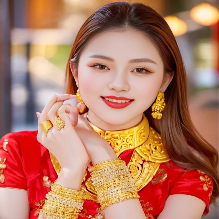 Close-up of woman wearing red dress and gold jewelry, traditional beauty, Wear gold jewelry, Vietnamese woman, gold and red, Niwan Chandra, Southeast Asia that has existed for a long time, traditional chinese, red and gold, Chinese woman, Southeast Asians with round faces, beautiful oriental woman, Sukhothai dress, asian woman