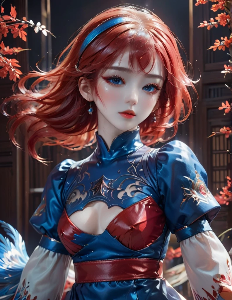 quality(8k wallpaper of extremely detailed CG unit, ​masterpiece, hight resolution, top-quality, top-quality real texture skin,hyper realisitic, digitial painting,increase the resolution,RAW photos，best qualtiy,highly detailed,the wallpaper),BREAK,8K, onmyoji-style art,  angel Girl , blue and red hair, dress, colorful makeup, patch 
 