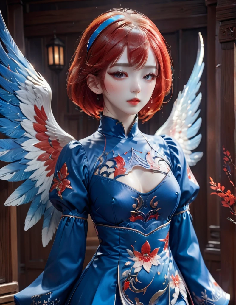 quality(8k wallpaper of extremely detailed CG unit, ​masterpiece, hight resolution, top-quality, top-quality real texture skin,hyper realisitic, digitial painting,increase the resolution,RAW photos，best qualtiy,highly detailed,the wallpaper),BREAK,8K, onmyoji-style art,  angel Girl , blue and red hair, dress, colorful makeup, patch 
 