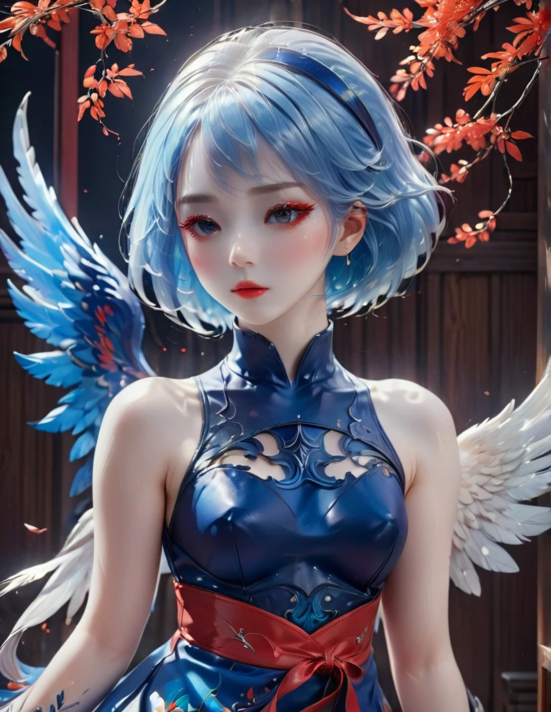 quality(8k wallpaper of extremely detailed CG unit, masterpiece, hight resolution, top-quality, top-quality real texture skin,hyper realisitic, digitial painting,increase the resolution,RAW photos,best qualtiy,highly detailed,the wallpaper),BREAK,8K, onmyoji-style art, angel Girl , blue and red hair, dress, colorful makeup, patch