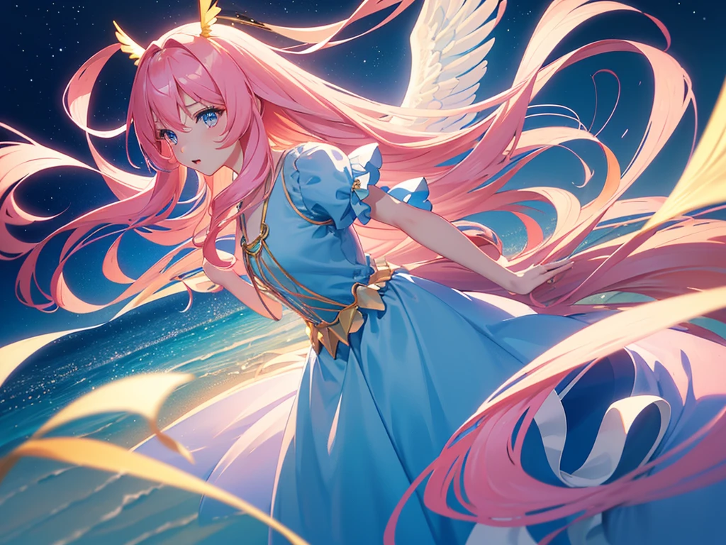 anime, Style, 1 pink long haired girl in a blue dress, long angel wings, floating on air, , on the beach in the night(best quality, 4k, 8k, high resolution, obra-prima: 1.2), ultra-detailed, (realista, fotorealista, foto-realista: 1.37) colorido com vibrantes cores, soft lighting