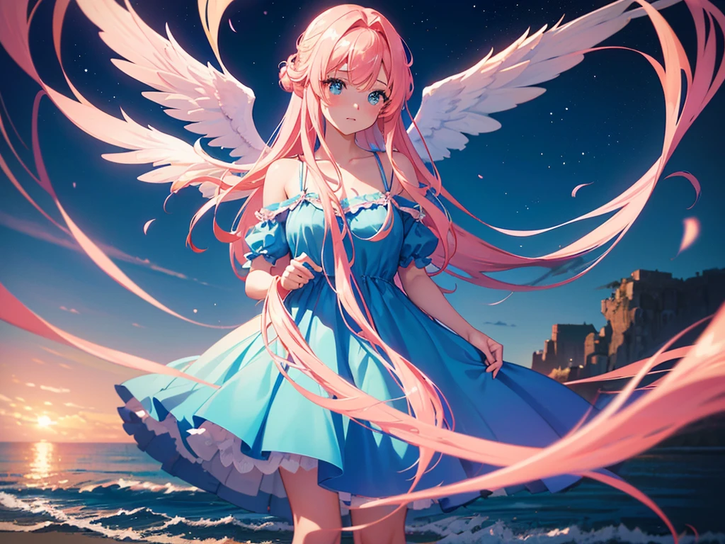 anime, Style, 1 pink long haired girl in a blue dress, long angel wings, floating on air, , on the beach in the night(best quality, 4k, 8k, high resolution, obra-prima: 1.2), ultra-detailed, (realista, fotorealista, foto-realista: 1.37) colorido com vibrantes cores, soft lighting