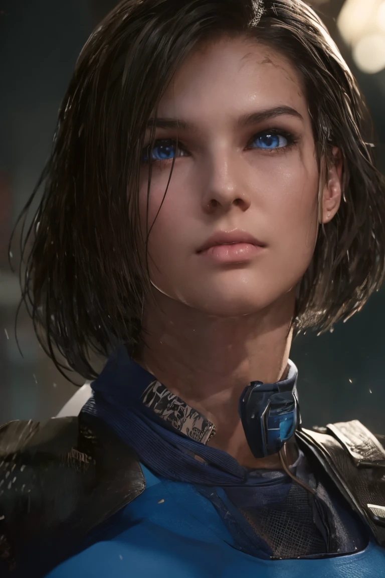 masterpiece, jill valentine, RE3 Remake, blue eyes:0.3, brown hair, oval face, long bob hair, portrait, 