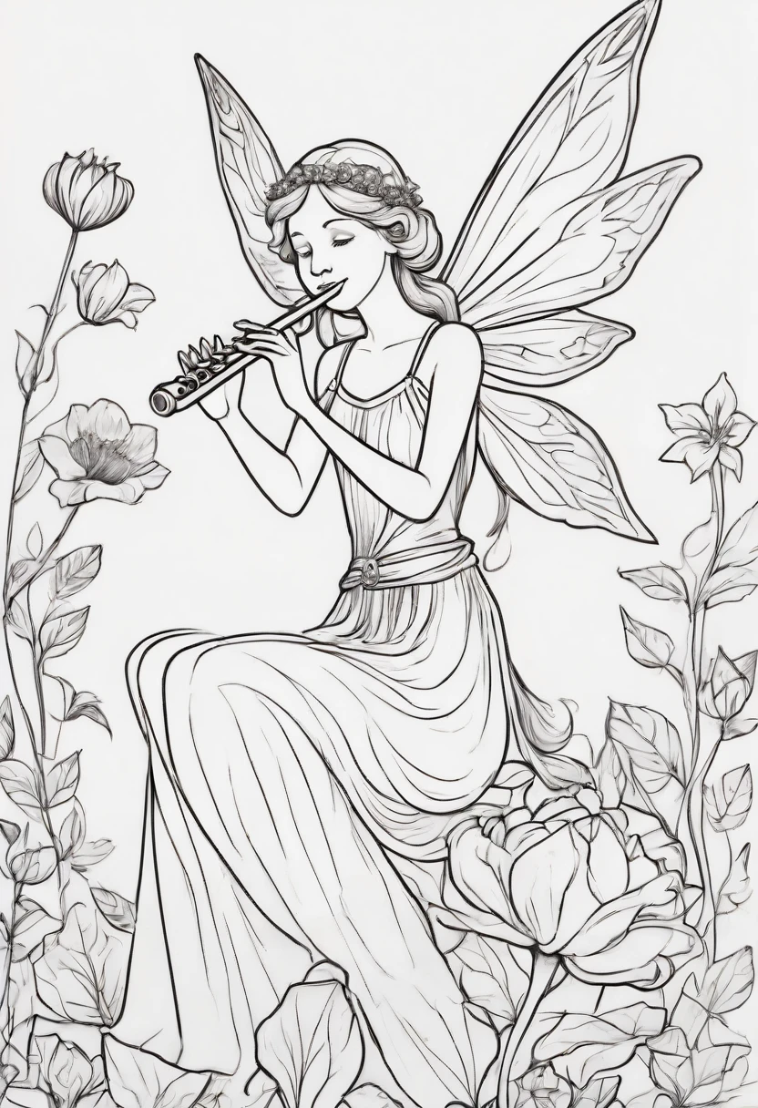 A fairy sitting on a large flower, playing a flute. clean line art, white background, colouring page, clean outline, sketch style, clean lines