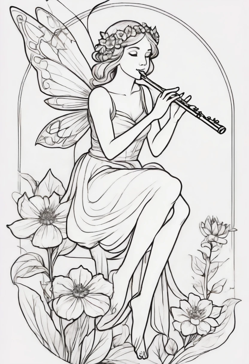 A fairy sitting on a large flower, playing a flute. clean line art, white background, colouring page, clean outline, sketch style, clean lines