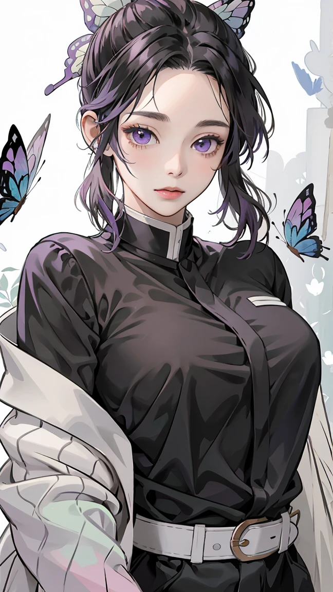 Realistic, High resolution, Soft Light,1 Female, alone, Hip Up, (Detailed face), we \(one piece\), tattoo, jewelry,kochou shinobu,Multicolored Hair,No bangs,Hair Intake,Purple eyes,amount,Black Shirt,Black trousers,Haori,butterfly,button,belt, knife