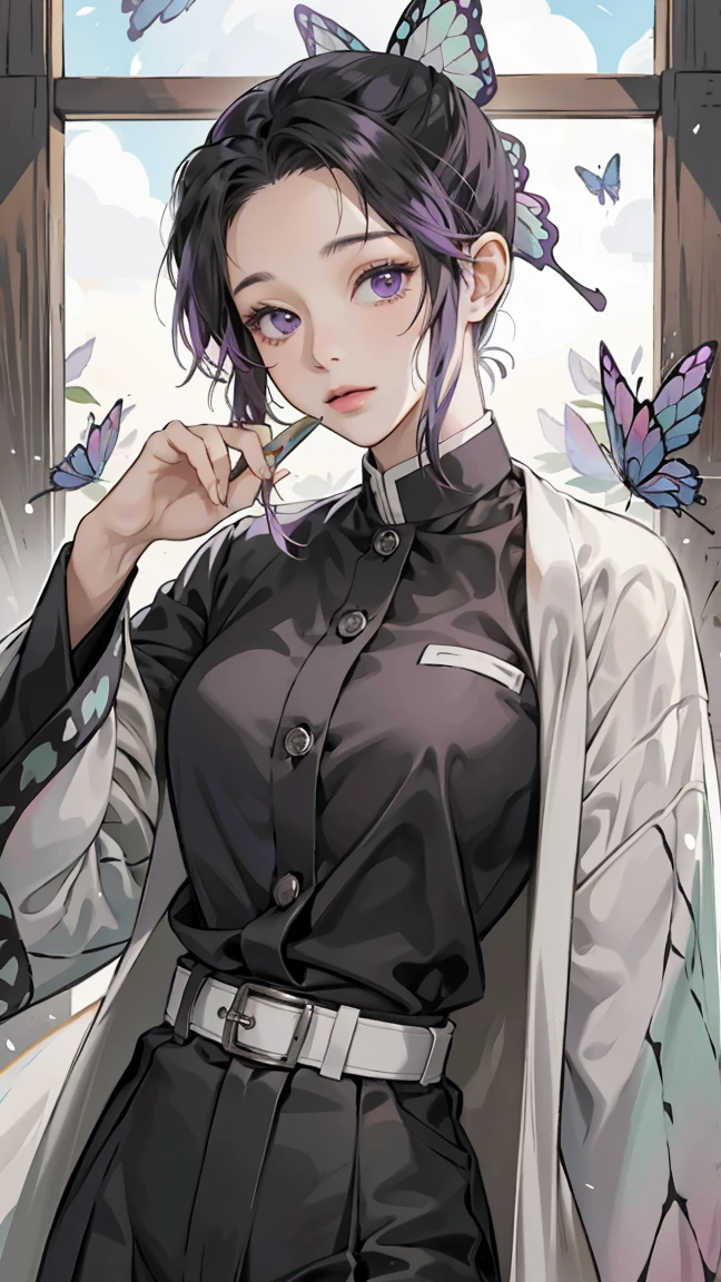 Realistic, High resolution, Soft Light,1 Female, alone, Hip Up, (Detailed face), we \(one piece\), tattoo, jewelry,kochou shinobu,Multicolored Hair,No bangs,Hair Intake,Purple eyes,amount,Black Shirt,Black trousers,Haori,butterfly,button,belt, knife