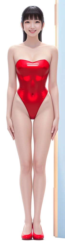 On a white background，A tall and beautiful Chinese girl，with fair skin，Toothy smile，A big smile，When you laugh, Your eyes are crescent-shaped，blunt bangs, long straight hair，Wear a one-piece swimsuit and pumps，Swimsuits are decorated with joyful patterns, Stand up straight，Stand upright，hands on sides，Symmetrical distribution，Ray tracing，All shaded areas，No windows, Soft lighting, Warm light, flood light, n, Studio light, 1.4x Realistic Ultra HD
