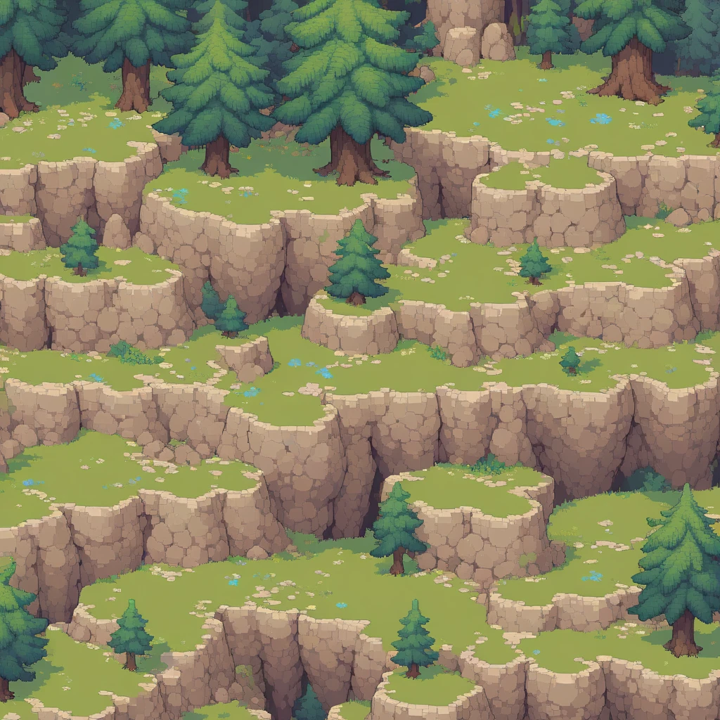 retro video game style,pixelated, vibrant pastel colors,8-bit characters,blocky shapes,sharp lines,detailed shading,classic gaming vibe,nostalgic atmosphere,classic arcade games,masterpiece:1.2,ultra-detailed,illustration style, 2d texture, stone texture, 4 k seamless mud texture, video game texture, dirt texture, tileset, game tiles, grass, 3/4th perspective trees, 3/4th perspective tileable rock texture, 3/4th perspective tileable cliff formations, tileable trees, topdown view, game texture, game art, tileable texture, very detailed cliff texture, intricate stones, top down view, 3/4th perspective