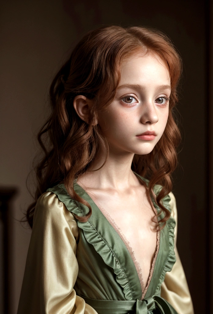 In a rococo atelier、(flat!!!! tiny!!!! chest), (6!!!!! girl), very young extremely!!!!!! pretty!!!!!!!!! face, Oil painting model, wearing a dark_green open!!!!! robe, anorexic!!!!!!, emaciated!!!!!!!!!!!!!, very skinny!!!!!!, (very short!!!!!!!!!!!!!!), tiny!!!!!. Highly detailed, 8K, short!!!!!!!!!, 1girll, boney!!!!!!, firered!!!!!! long wavy, curly hair, redhead!!!!!!!!!!!! , (Perfect_Face), Convoluted, Dramatic Lighting, 4K, Detailed_Background, Caustics, from a_Side!!!!!, (eye contact!!!!!), (looking at camera!!!!!!).