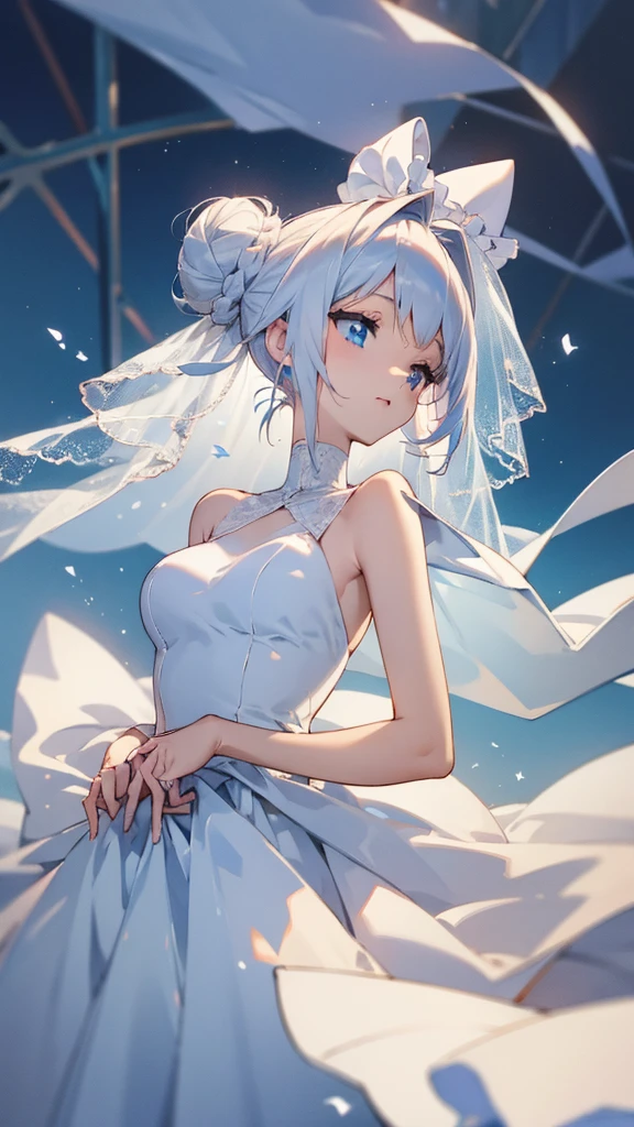((detailed)), ((high resolution)), anime girl, white hair, bun hairstyle, blue eyes, wedding gown