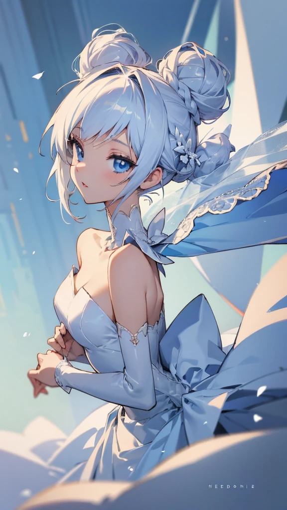 ((detailed)), ((high resolution)), anime girl, white hair, bun hairstyle, blue eyes, wedding gown