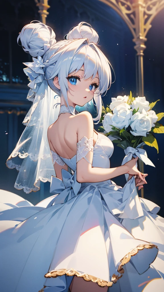 ((detailed)), ((high resolution)), anime girl, white hair, bun hairstyle, blue eyes, wedding gown