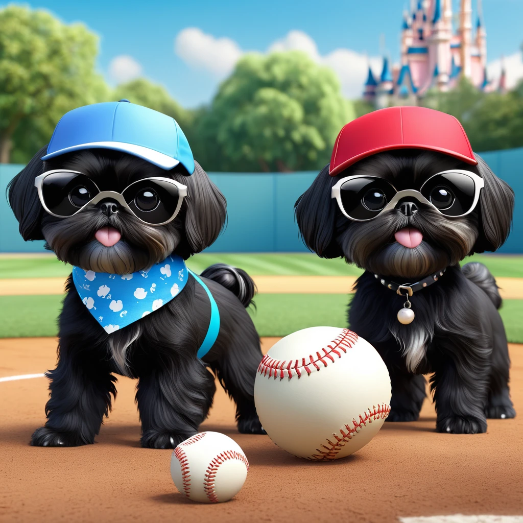 2 Adorable small black Shih Tzu puppies wearing bright bandannas and sunglasses swimming with dolphins Disney background 3d cartoon 3d render disney pixar style