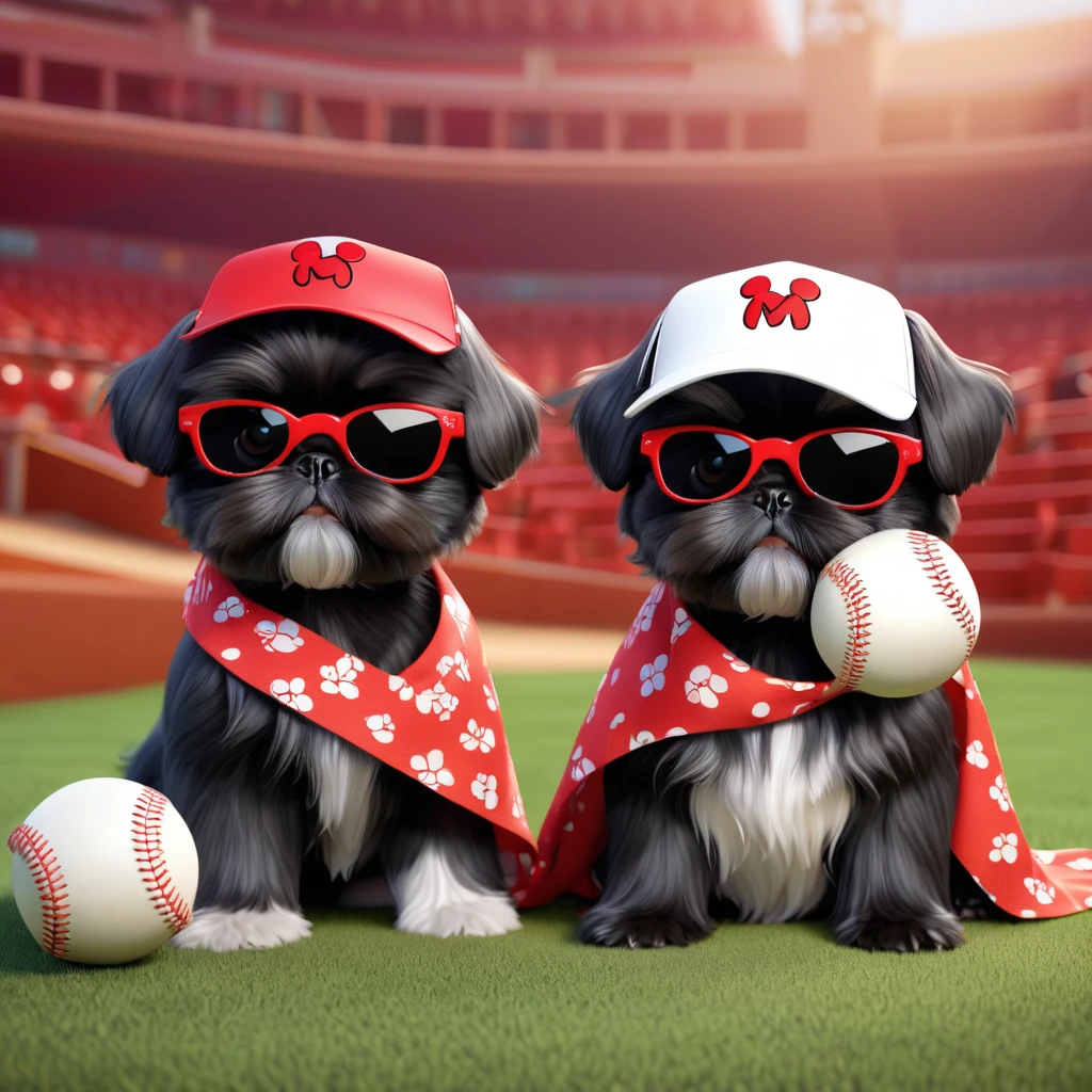 2 Adorable small black Shih Tzu puppies wearing bright bandannas and sunglasses playing baseball Disney background 3d cartoon 3d render disney pixar style