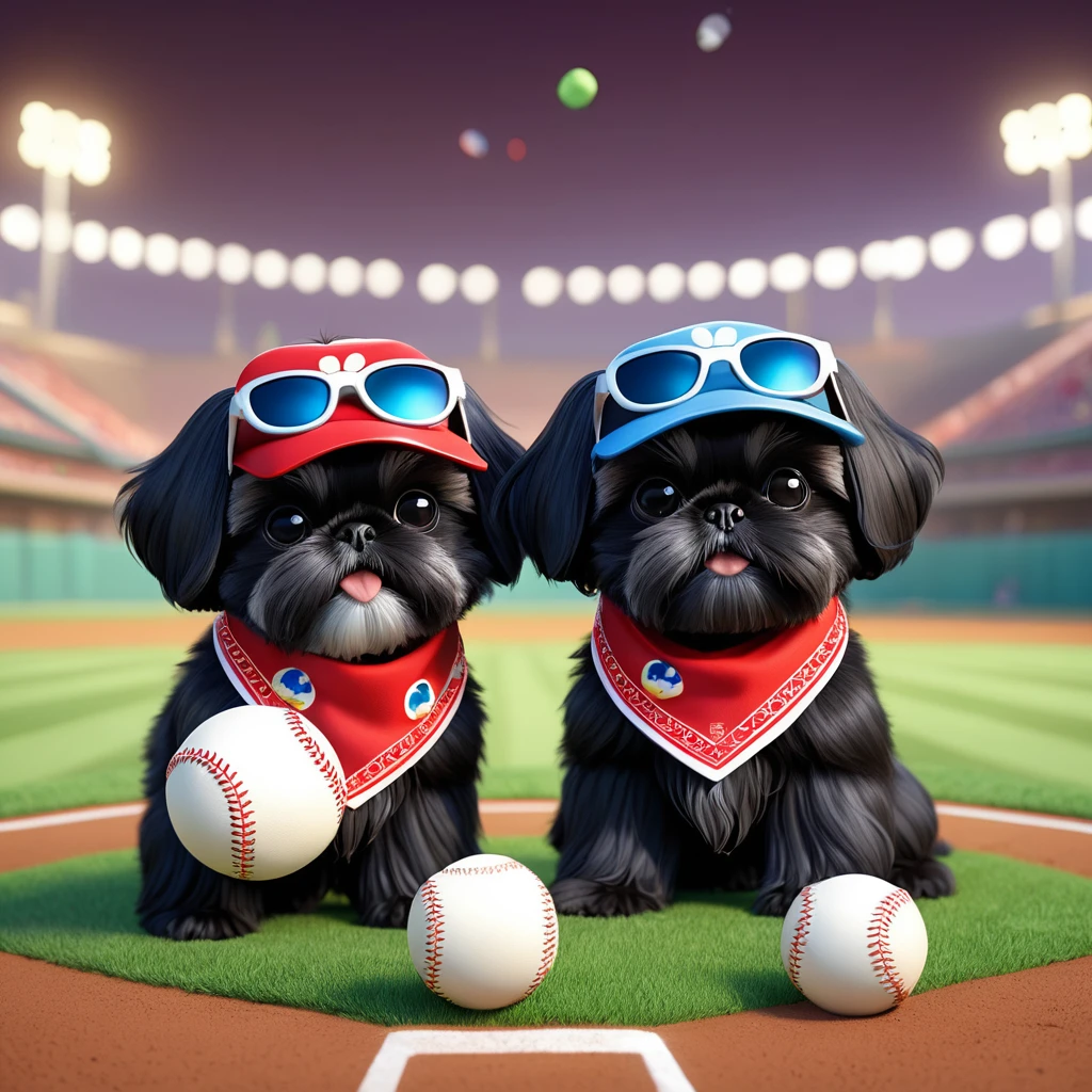 2 Adorable small black Shih Tzu puppies wearing bright bandannas and sunglasses playing baseball Disney background 3d cartoon 3d render disney pixar style
