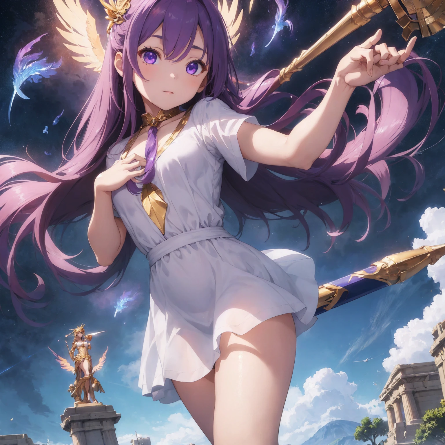 masterpiece, Highest quality, Super Resolution, 8K, 15-year-old female, Purple long hair, Handsome face, Big Eyes, A simple white mini dress, Exposed chest, Phoenix staff in right hand, Greek statue of Athena behind