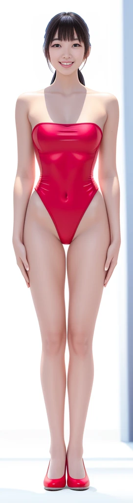 On a white background,A tall and beautiful Chinese girl,with fair skin,Toothy smile,A big smile,When you laugh, Your eyes are crescent-shaped,blunt bangs, long straight hair,Wear a one-piece swimsuit and pumps,Swimsuits are decorated with joyful patterns, Stand up straight,Stand upright,hands on sides,Symmetrical distribution,Ray tracing,All shaded areas,No windows, Soft lighting, Warm light, flood light, n, Studio light, 1.4x Realistic Ultra HD