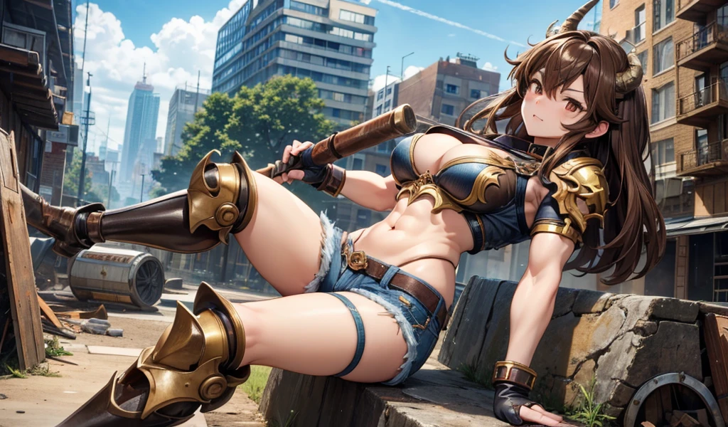 Adult woman with brown hair and horns,muscle,Abdominal muscles,metal breastplate,cleavage,Denim shorts,ushio,Bare Legs,Big hammer,ruined city