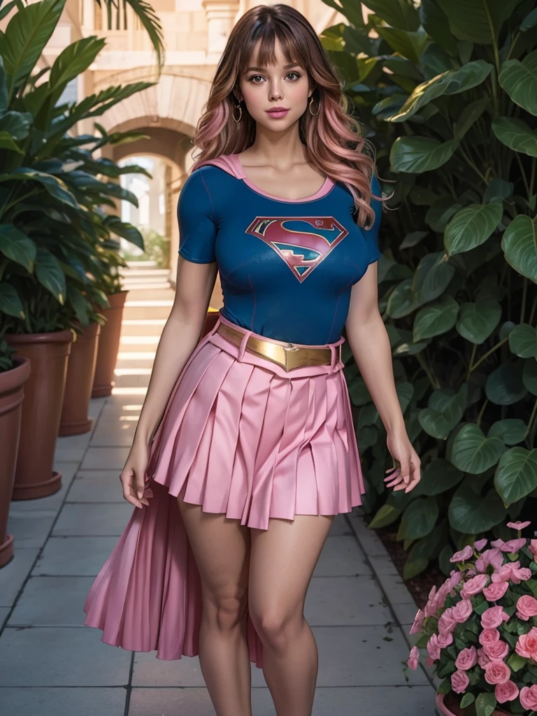 Supergirl, 27 years old, full body view Beautiful woman (((long wavy honey blonde hair, two side up with bangs))) defined body, voluptuous, sexy, cherry red lipstick, arms by her sides, hands free, mouth slightly open, standing facing camera((( sparkling tight blue short sleeve top with gold belt, pink pleated skirt and flowing pink cape of Supergirl))), in marble hallway with red carpets and lined with hanging potted plants, (large_breasts:1.0) (curvy:1.0)