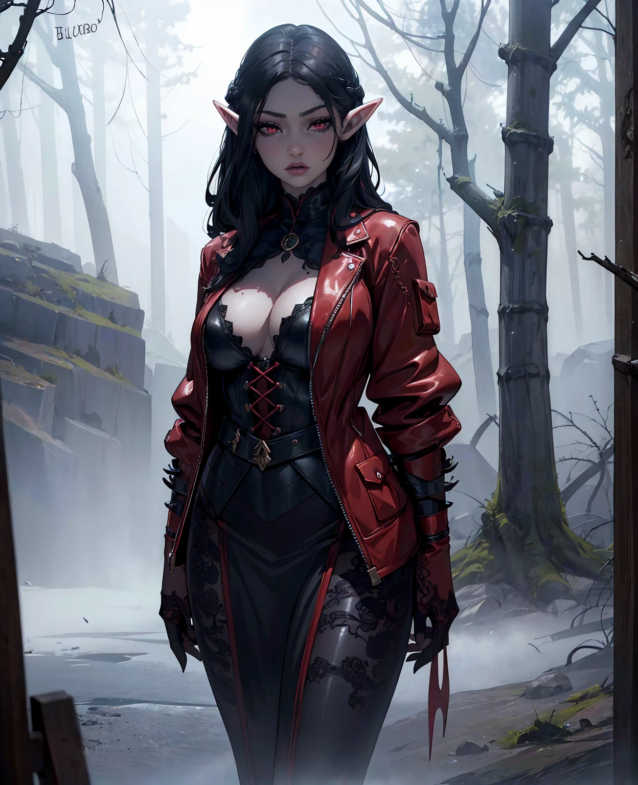 A devilish woman with black hair, pale skin, and red eyes, wearing an elf-like costume, in a dark and mysterious setting, 1girl, detailed face, detailed eyes, detailed lips, long eyelashes, supernatural, dark fantasy, dramatic lighting, moody atmosphere, (best quality,4k,8k,highres,masterpiece:1.2),ultra-detailed,(realistic,photorealistic,photo-realistic:1.37), dark and moody, dramatic lighting, mystical, cinematic, intricate details