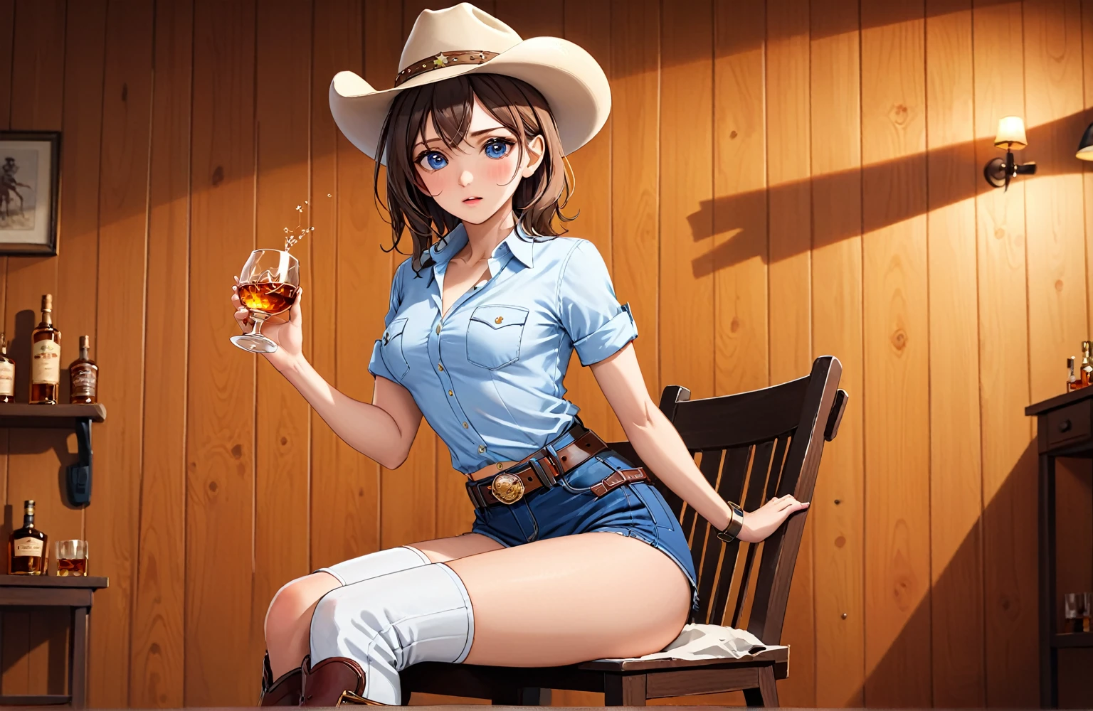 (((1 person:2.5))),(((NSFW:0.5))),(((Wear denim hot pants:1.5))),(((Wear a short-sleeved collared shirt:1.5))),(((Wear a gun belt with a holster:1.8))),,((Wear a watch on your wrist:1.5))),(((Showing cleavage))),(((Exposed thin inner thighs))),(((Small breasts:1.5))),(((Navel exposed:1.5))),(((Bare arms))),(((Put on your boots:1.5))),((Blushed:1.8)), Beautiful detailed girl, Very detailed目と顔, 緻密でBeautiful Eyes, Very detailed, High resolution, Highest quality, masterpiece, Very detailed, 8k wallpaper, wonderful, finely, Highest quality,(Standing in front of a wooden wall),Beautiful Eyes,((Engage your audience:1.5)),((Cowboy Shot:1.5))),((Front shot:1.2)),((Drinking whiskey:1.4)),(((Drunk:1.8))),(((Sit on a chair:1.2))),(((Crying face:0.6)))