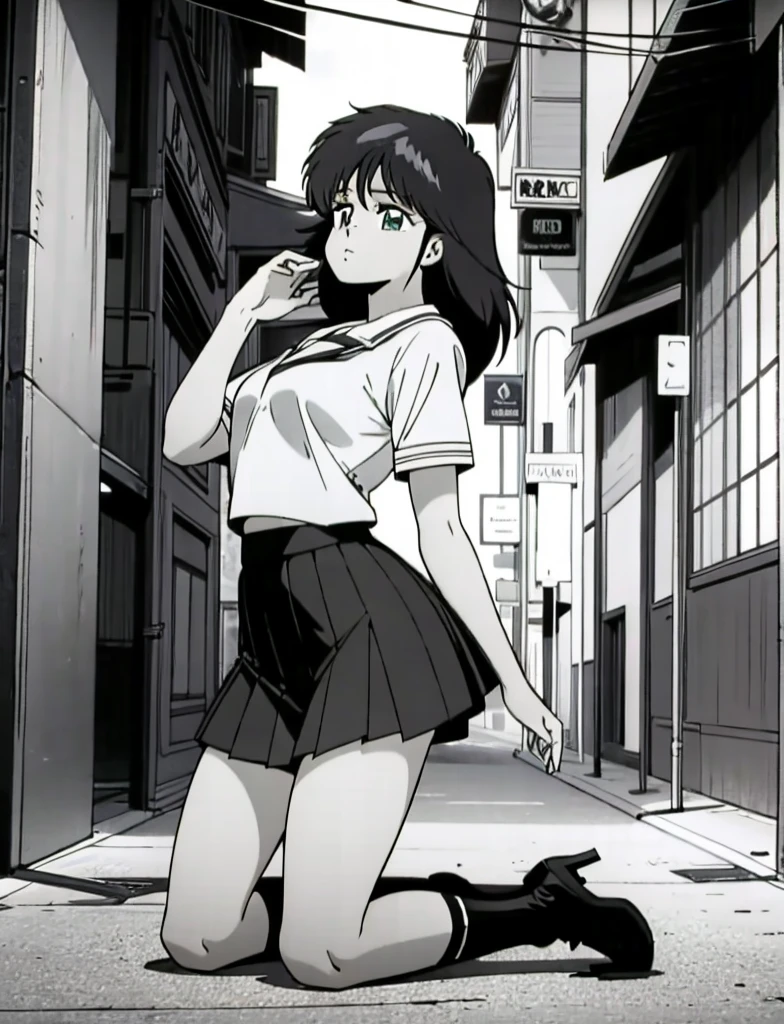 Madoka, moving her center of gravity back, Put your hands forward from both feet, Put both feet in the circle of hands, Quite embarrassing, , Thin legs, Tight Skirt, 90 degree knee, Place your heels on the ground, Hands in front of feet, Hold my feet, Kneel, Sidewalk, RAW Photos, 8K, Highest quality, Ultra-high resolution, Beautiful face details, Real human skin, Gentle expression, Front view, Angle from below, Long Hair, Realistic, Realistic, cute, Short skirt, Lurking deep in the city, cute女子高生, Japanese Uniform, Wearing Japanese clothes , Surreal school girl, whole body, Madoka, (((Exposed genitals))),