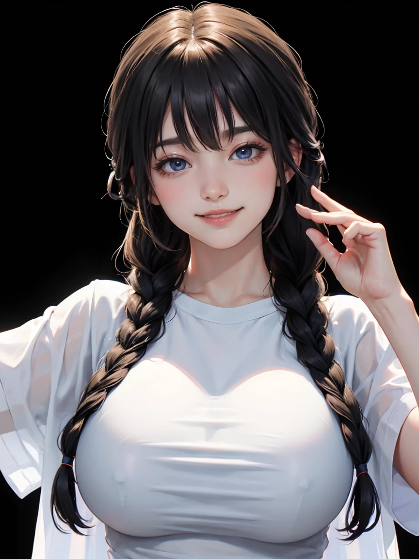 detailed eyes ,huge breasts , braided hairstyle , portrait , white t-shirt , black background , black hair , smile , black eyes , Calm posture