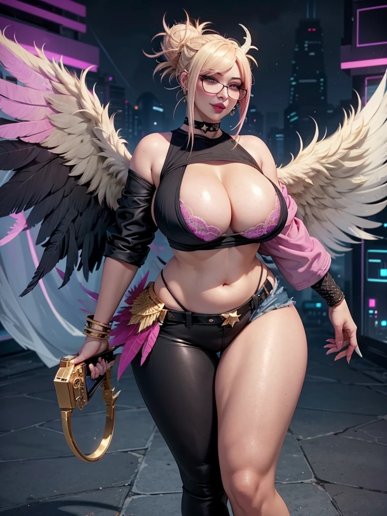 realisticlying,22yo girl,Blonde short、big body, sexy lingerie lace black ,perfect eyes, hair bunches、very very long hair, ultradetailed hair, body nylon sexy, Breasts enlarged、 big body, blonde, woman 1.90 CM,ponytail, ((hair over eyes)),perfect mouth, massive big bounce oppai, WET SKIN, (masterpiece, best quality:1.2), 1girl, solo, city background, haze \(fortnite\), Harpy Haze From fortnite, 1girl, earrings, glasses, hat, jewelry, lips, long hair, looking at viewer, makeup, nail polish, pink eyes, pink hair, pink nails, smile, sunglasses, tinted eyewear, belt, black pants, crop top, eyeshadow, midriff, navel, pants, choker, fingernails, round eyewear, sharp fingernails, standing, black feathers, black headwear, hoop earrings, horned headwear, horns, denim, winged arms, feather trim, star \(symbol\), elbow gloves, dark pink lips, feathers, heels, shoes, angel wings, bangle, black wings, crop top overhang, feathered wings, harpy, low wings, multicolored hair, multicolored wings, pink wings, wings, fingerless gloves, shirt, long fingernails, boater hat, bootcut pants, leather pants, sleeves, black sleeves,massive big bounce oppai,massive big bounce oppai,massive big bounce oppai,