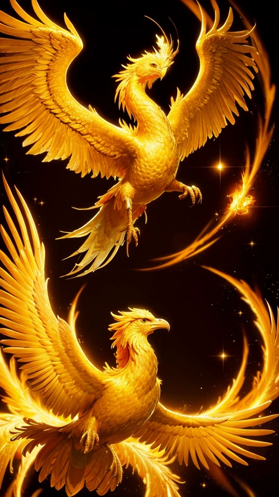 A golden phoenix is gazing at me, spreading its wings, against a golden background.