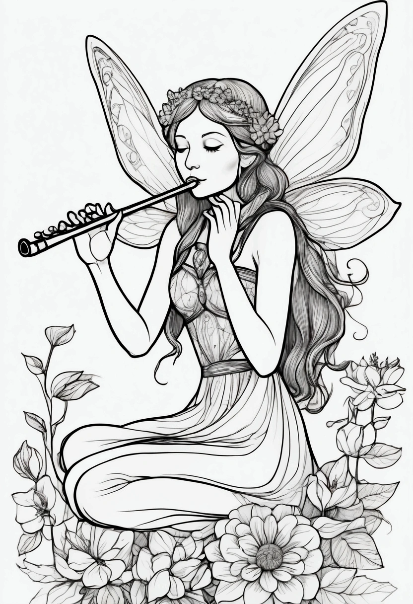 A fairy sitting on a large flower, playing a flute. clean line art, white background, colouring page, clean outline, sketch style, clean lines