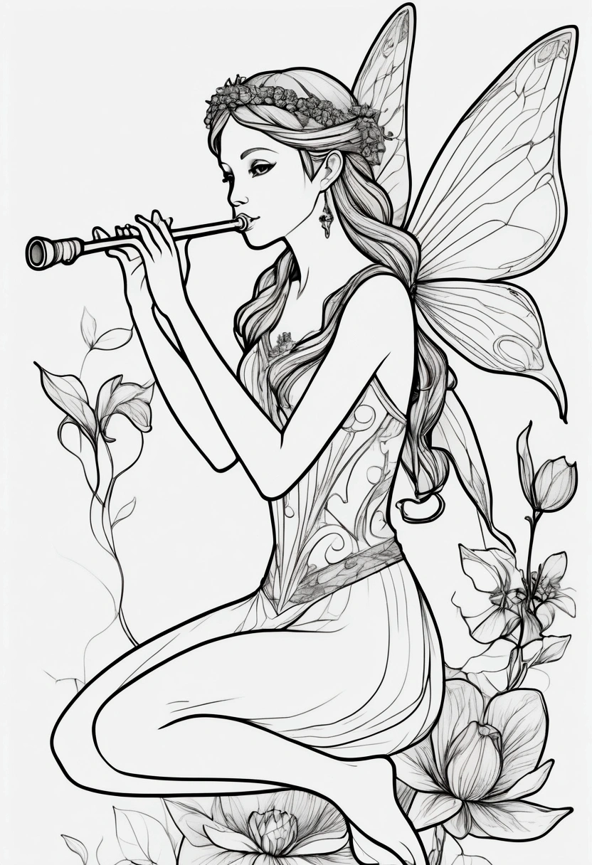 A fairy sitting on a large flower, playing a flute. clean line art, white background, colouring page, clean outline, sketch style, clean lines