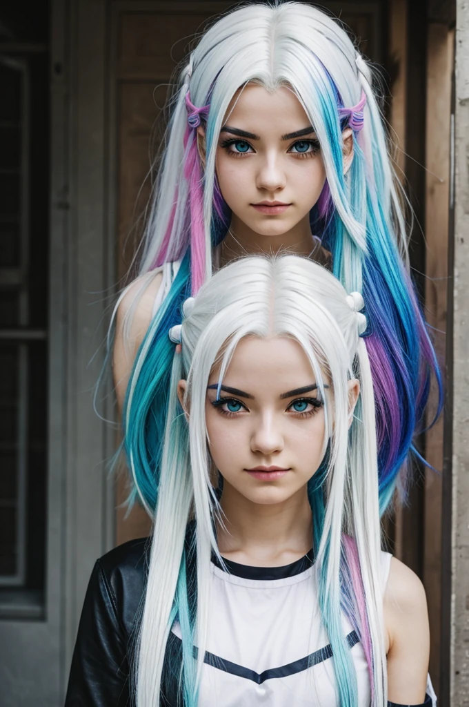 Girl with white hair boku no hero style, rainbow locks and scars 
