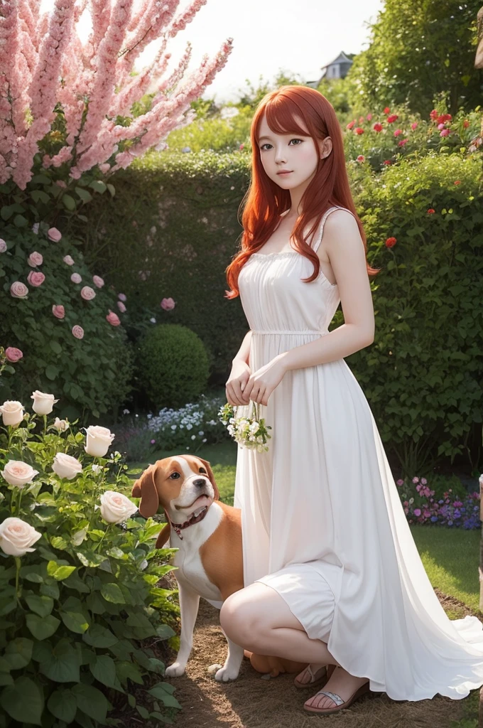 I would like to create an image with a red-haired girl wearing a white flowery dress. The girl must be kneeling in a garden planting roses. In the background there is the sun at dusk. Next to there is a Beaggle dog.