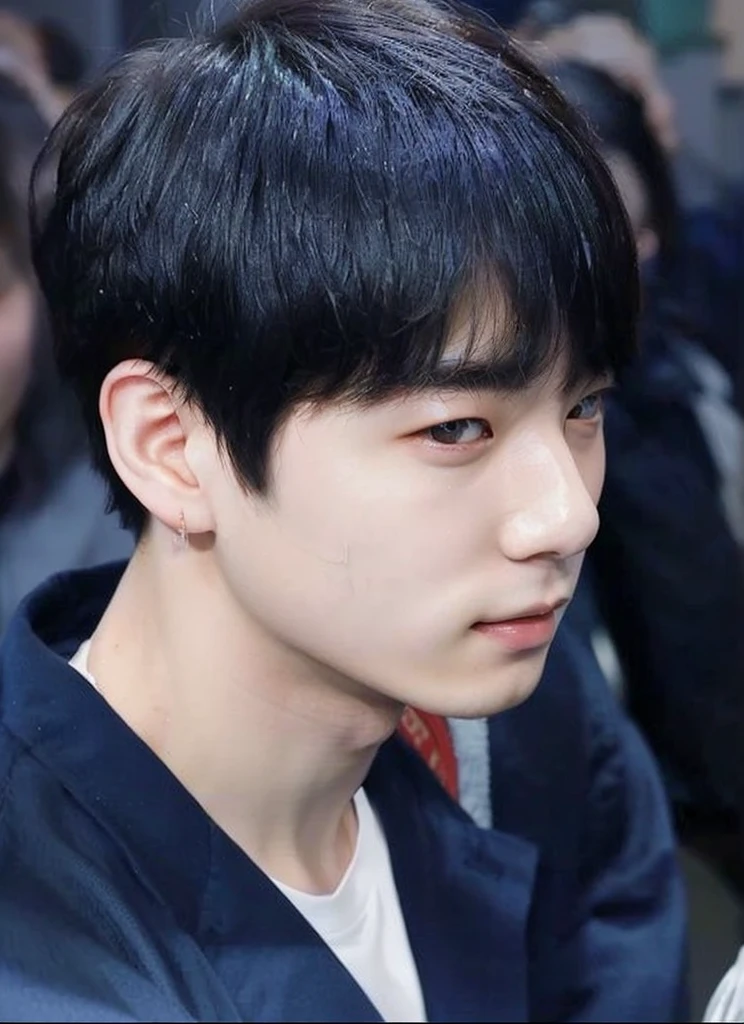 There is a man who is sitting in a room with a bed, young pale angel, pale korean adorable face, jungkook, hyung tae, 1 7-year-old boy with a thin face, with a cute face - fine, very slightly smiling, jinyoung shin, profile picture, shy smile, smiling shy, slight cute smile, charming sly smile, low quality granules