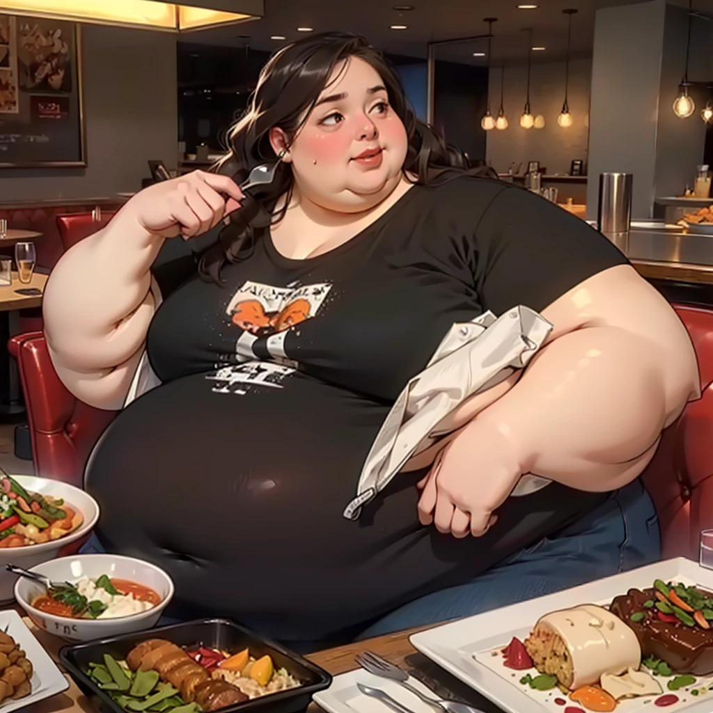 (masterpiece, detailed, realistic:1.2), young woman, USSBBW, (morbidly obese, fatblob:1.2), detailed face, beautiful face, high aesthetic, eating junk food, restaurant, messy, slob