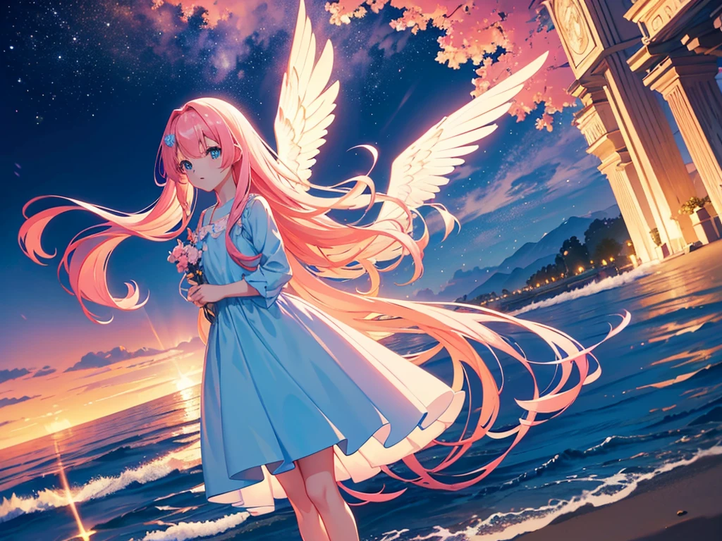 anime, Style, 1 pink long haired girl in a blue dress, long angel wings, floating on air, , on the beach in the night(best quality, 4k, 8k, high resolution, obra-prima: 1.2), ultra-detailed, (realista, fotorealista, foto-realista: 1.37) colorido com vibrantes cores, soft lighting