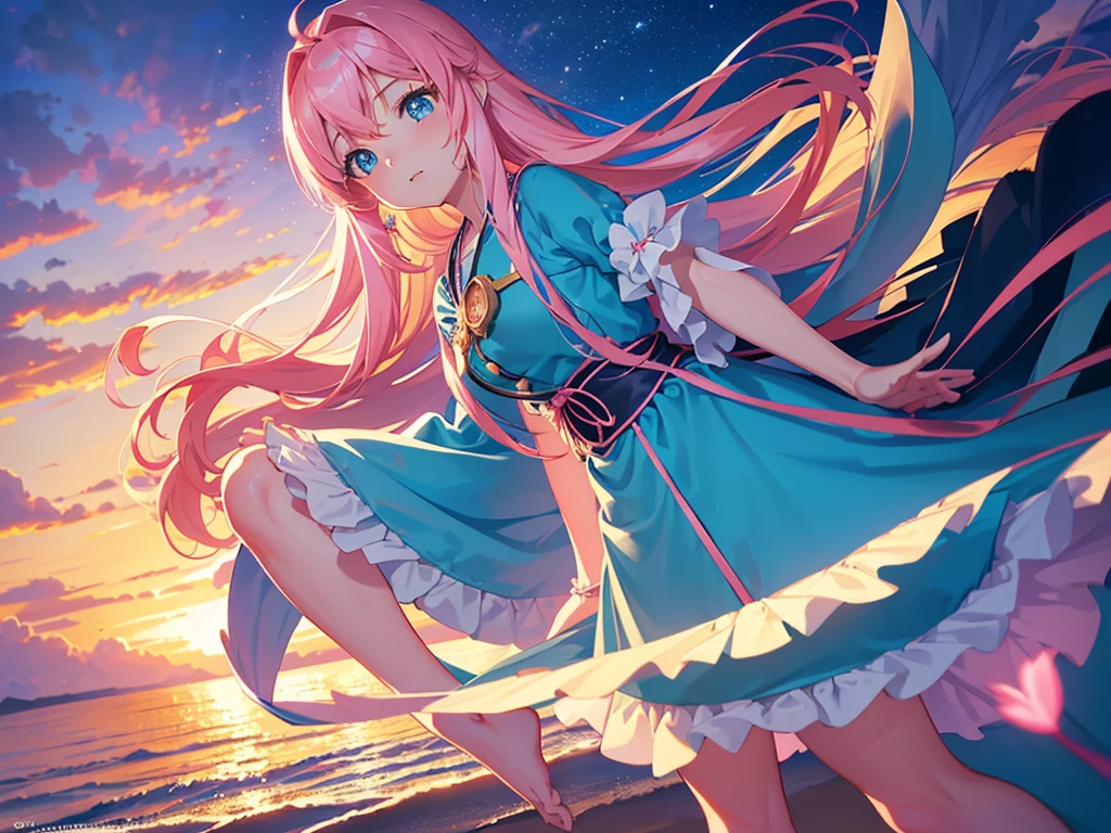 anime, Style, 1 pink long haired girl in a blue dress, long angel wings, floating on air, , on the beach in the night(best quality, 4k, 8k, high resolution, obra-prima: 1.2), ultra-detailed, (realista, fotorealista, foto-realista: 1.37) colorido com vibrantes cores, soft lighting