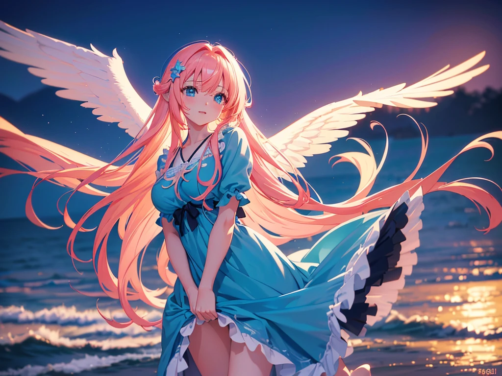 anime, Style, 1 pink long haired girl in a blue dress, long angel wings, floating on air, , on the beach in the night(best quality, 4k, 8k, high resolution, obra-prima: 1.2), ultra-detailed, (realista, fotorealista, foto-realista: 1.37) colorido com vibrantes cores, soft lighting